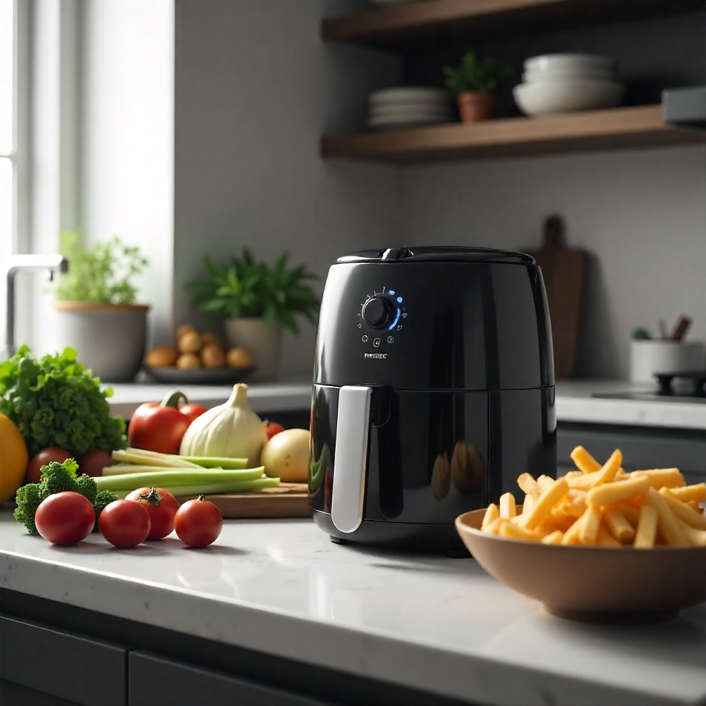 "Non-toxic air fryer with stainless steel basket cooking healthy vegetables"