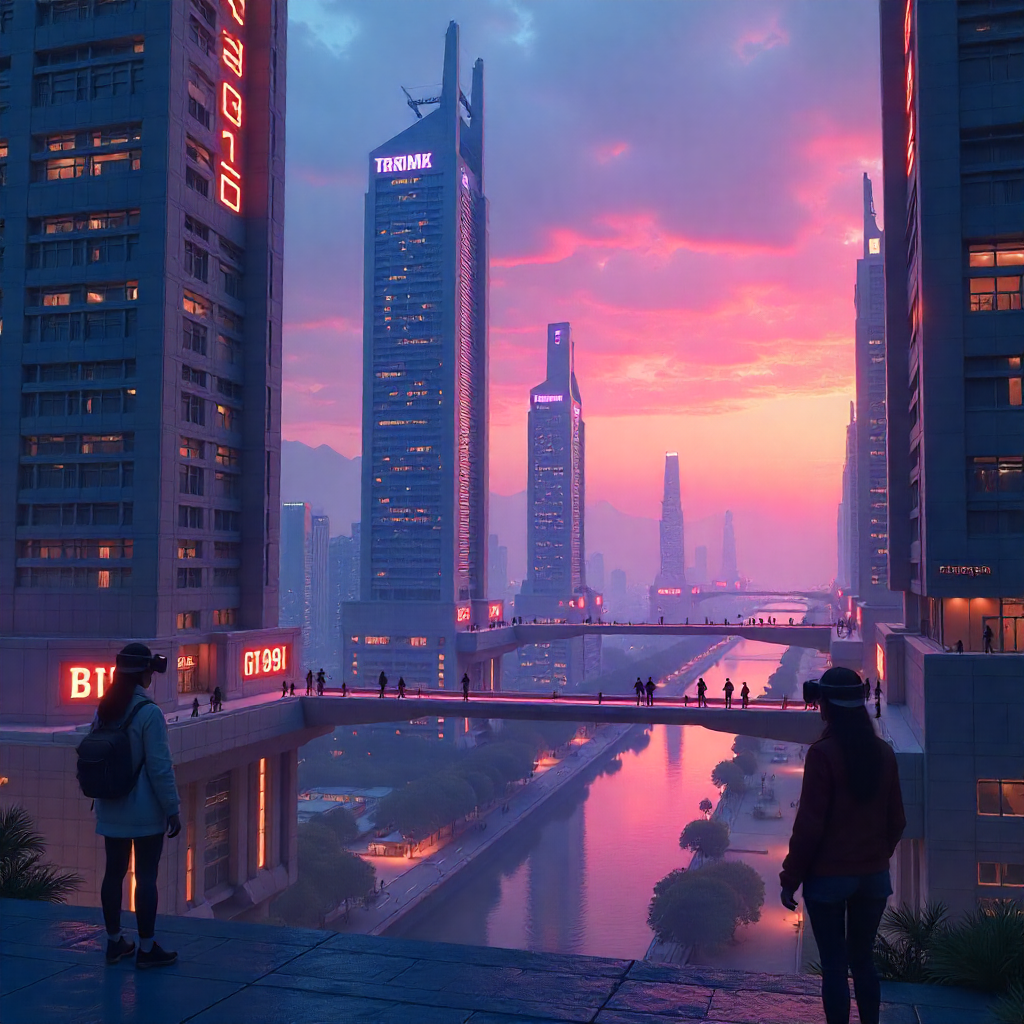 Futuristic metaverse city with VR avatars and cryptocurrency symbols"