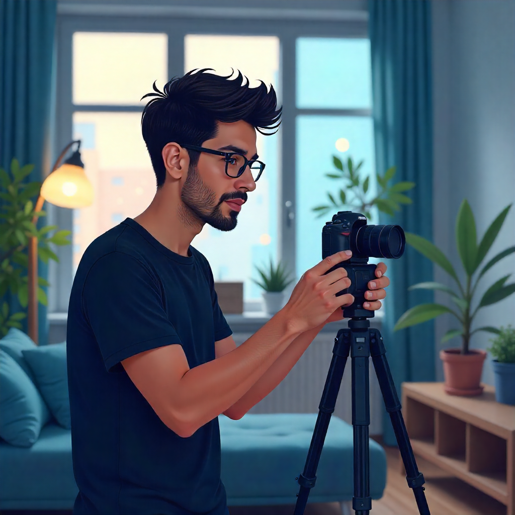 "Creator filming a Day in the Life vlog with smartphone and camera setup at home."