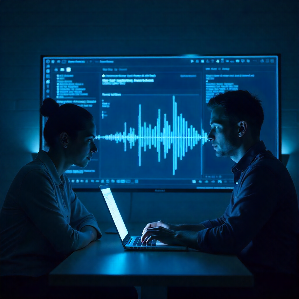 Illustration of AI-powered Whisper Transcription converting speech to text on a laptop, with sound waves and digital assistant icons in the background."