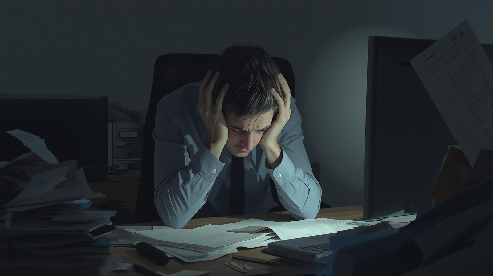 a man is very stressed and dimotivated in his workplace