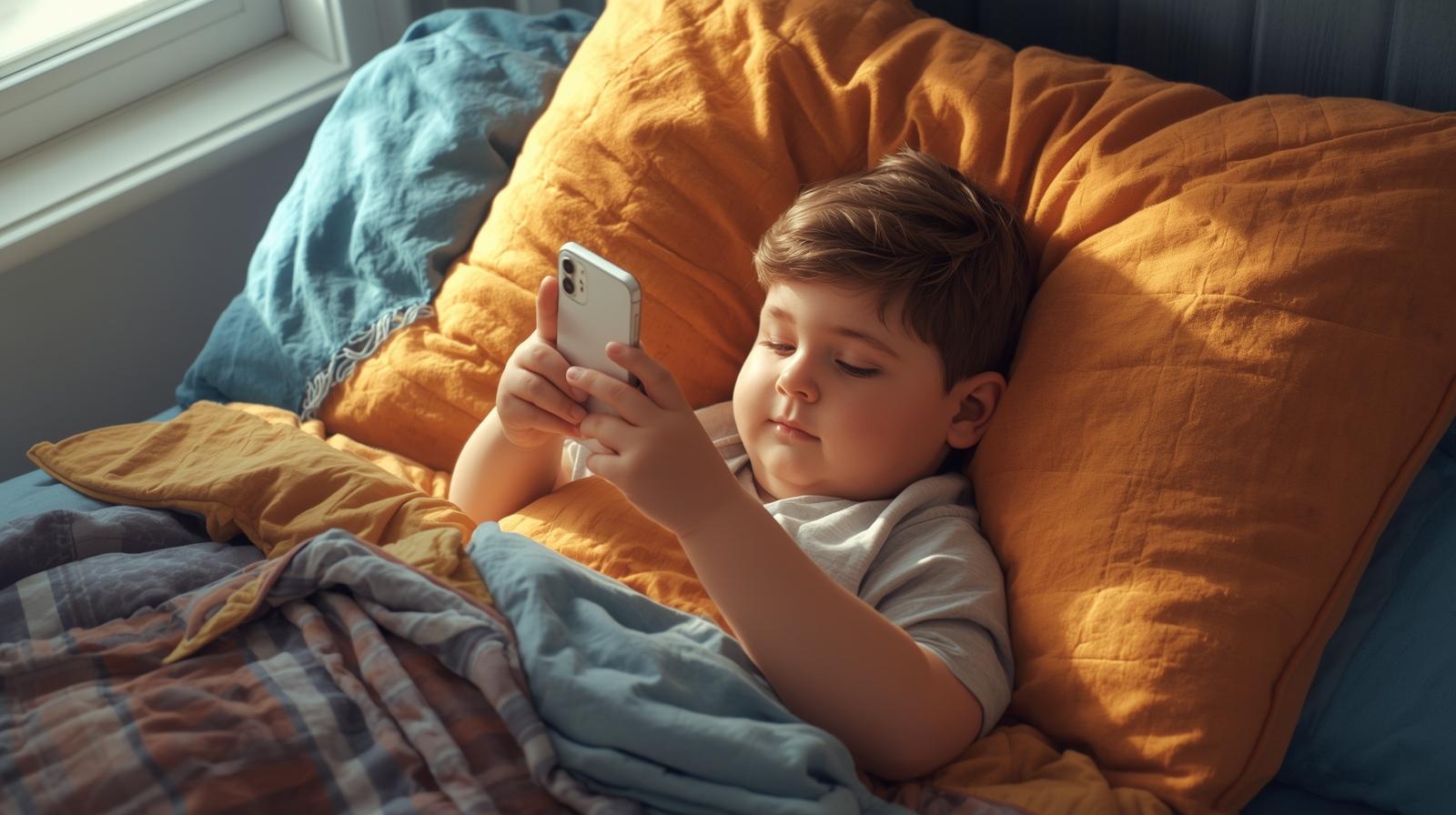 a fat boy using phone in his bed