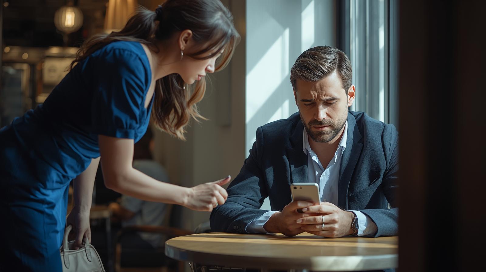 a woman is trying to ta;k with a man but he is busy in Phone,