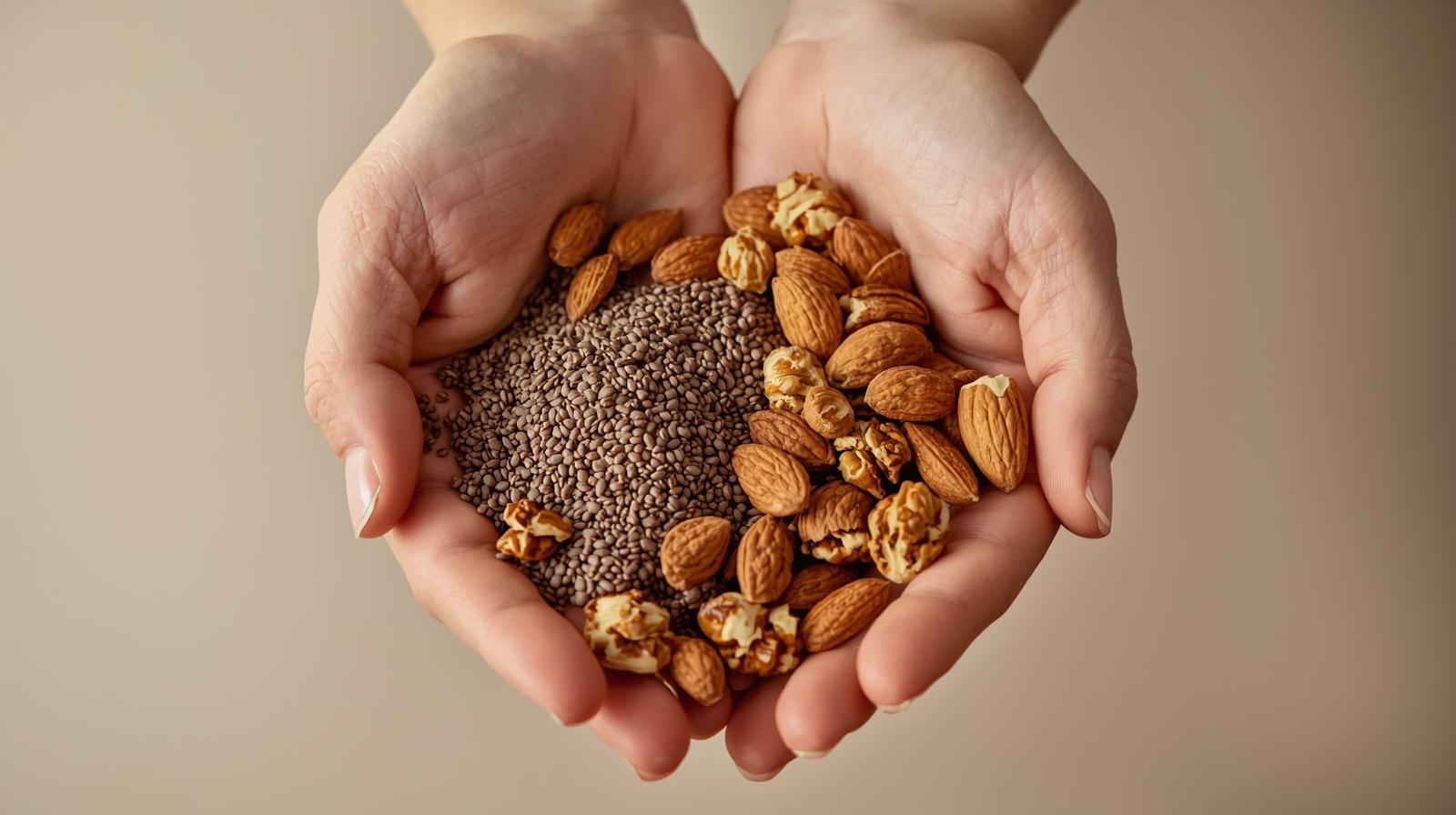 2 hands full of Almonds, Chia Seeds, Flaxseeds, Walnuts