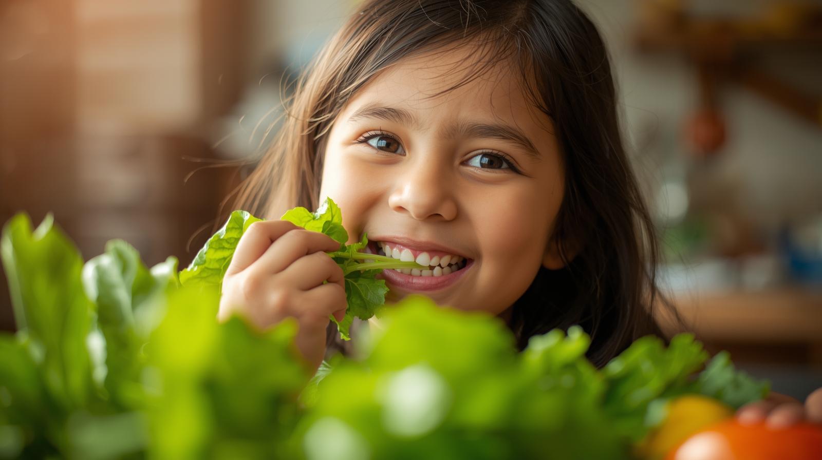 A little girl eating Leafy Greens