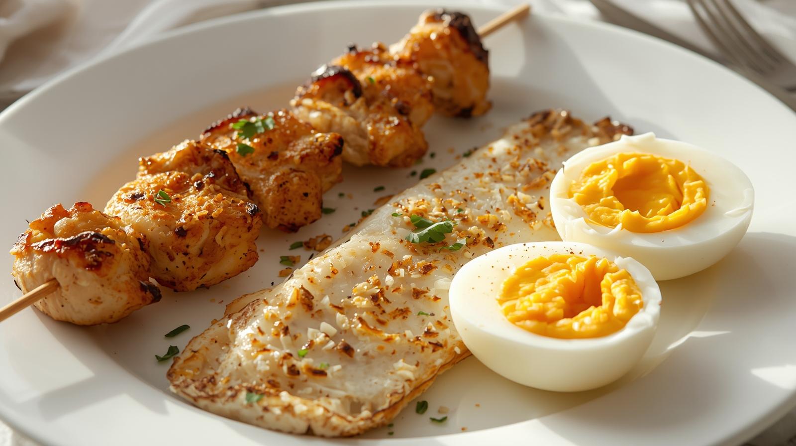A plate of healthy Chicken kebab, baked Fish, boiled Eggs