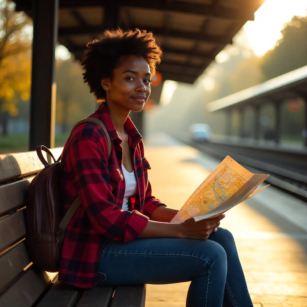 “Solo traveler with backpack studying a map at a train station, symbolizing planning and flexibility during solo travel.”