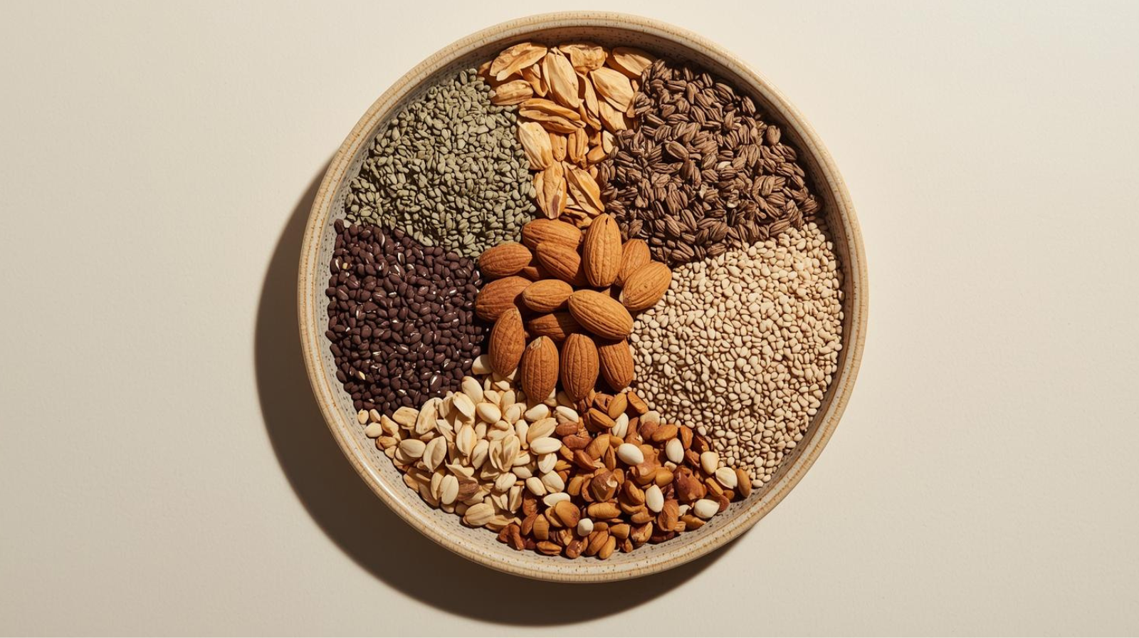 A plate full of Almonds, Chia Seeds, Flaxseeds, Walnuts