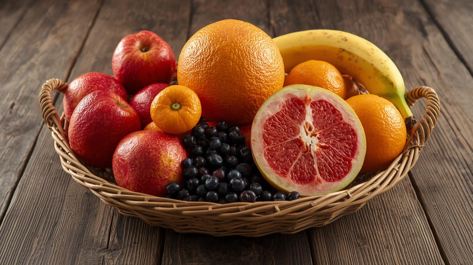 A basket full of Apples,Berries,Grapefruit,Oranges,Watermelon,banana on table