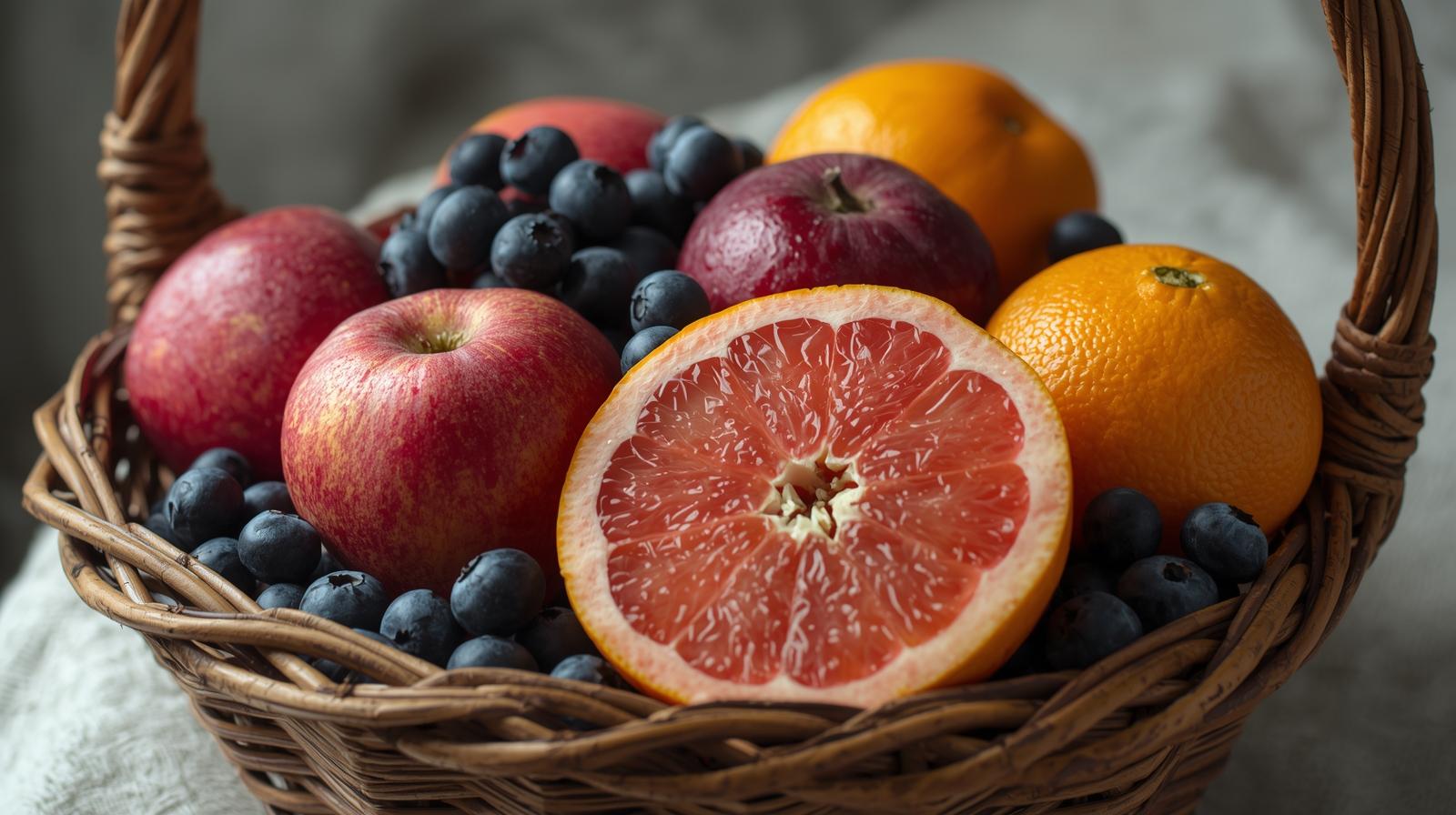 a basket of Berries, Apples, Grapefruit, Oranges