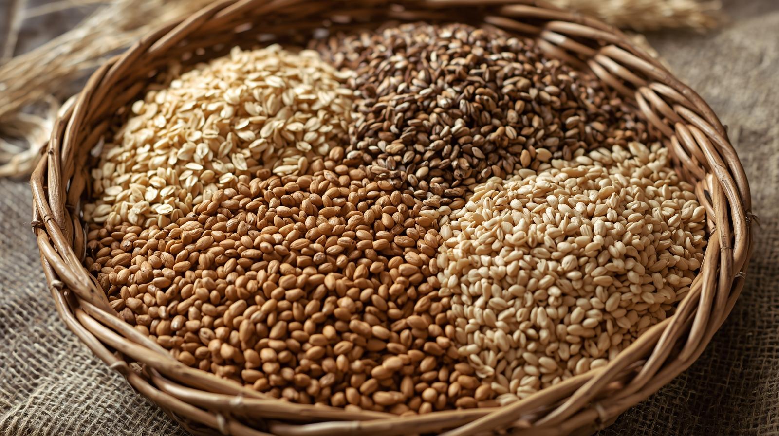 A basket of Oats, Quinoa, Brown Rice, Barley