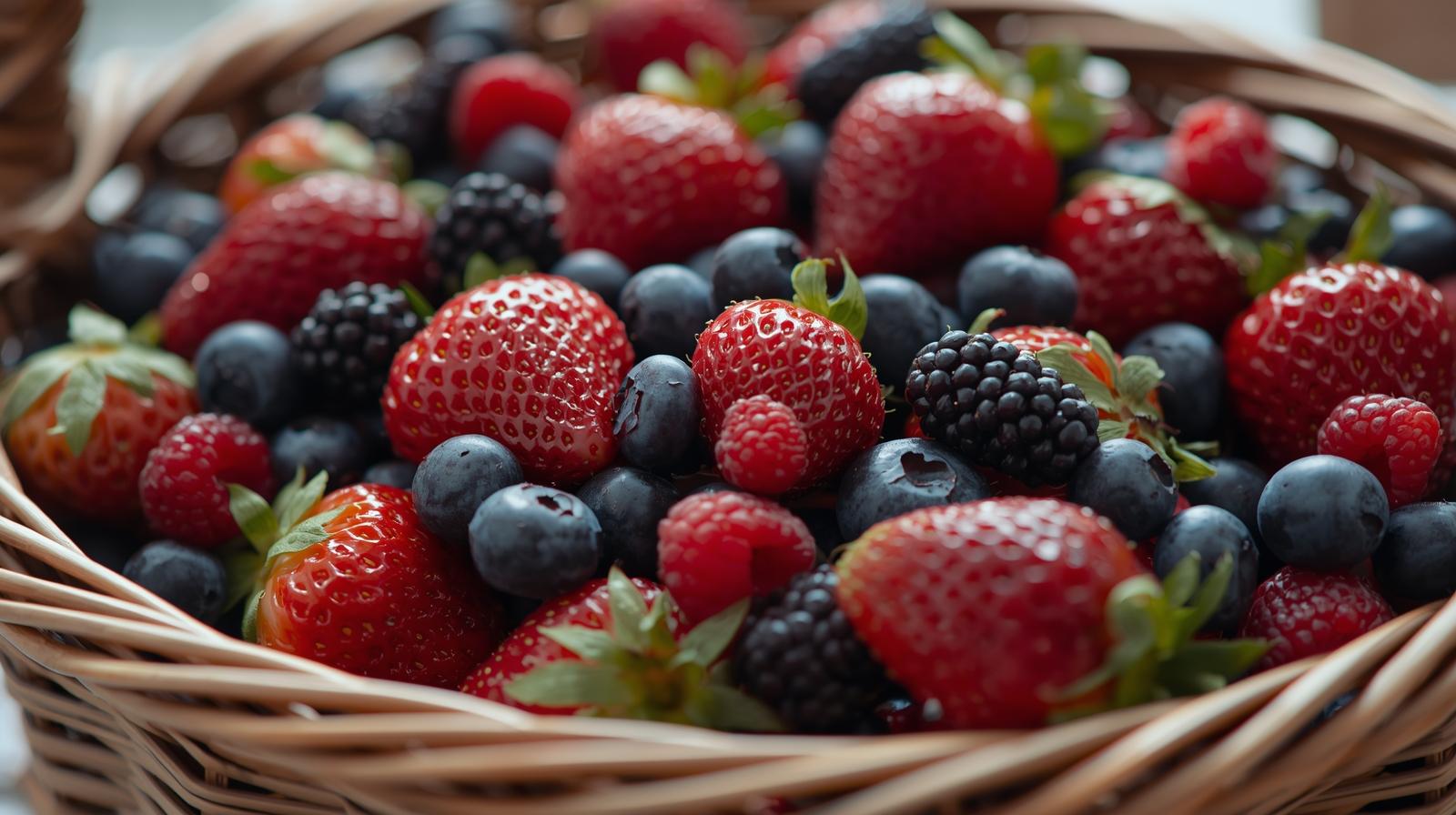 a basket with Berries like strawberries, blueberries, and raspberries