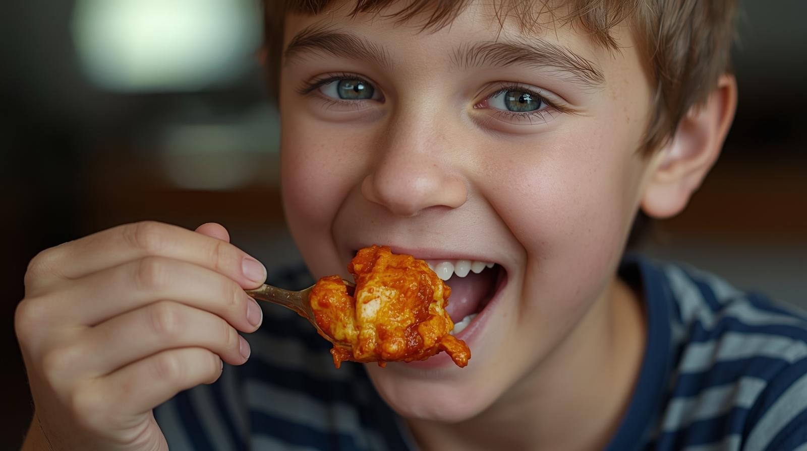 A boy eating Chicken tandoori