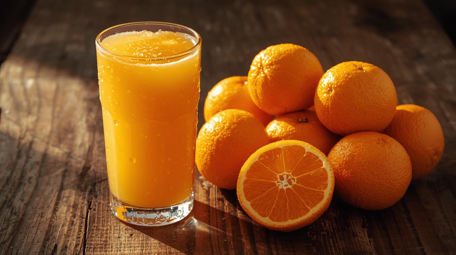 a glass of orange juice and oranges