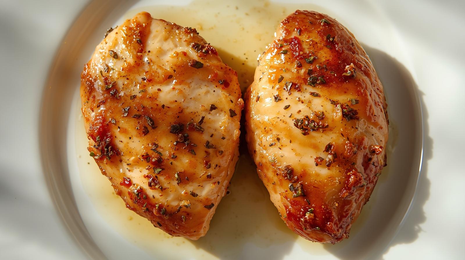 A plate full of two cooked chicken breast