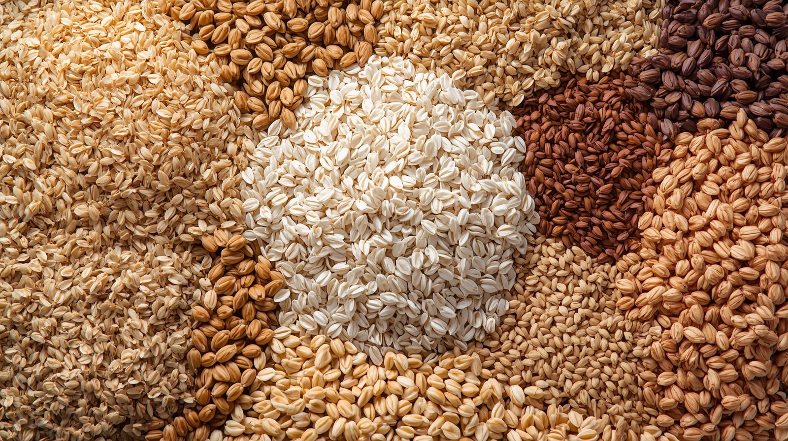 a table of healthy Whole Grains like Oats, Quinoa, Brown Rice, Barley